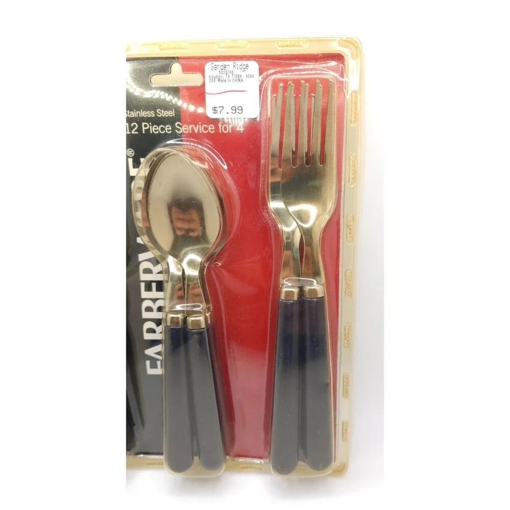 NIP Farberware 12 Pc Flatware Set Navy Blue Handles Stainless Service for 4 VTG